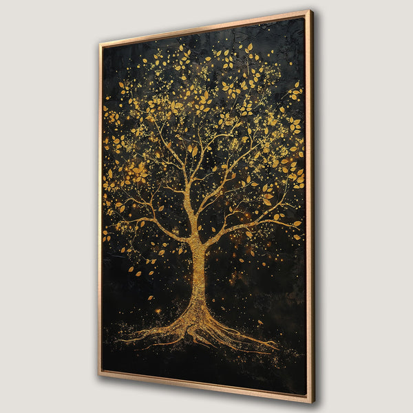 Framed Wall Art featuring a gold tree on a black background. Elegant, abstract style with a gold and black color palette. Perfect for adding a touch of luxury.