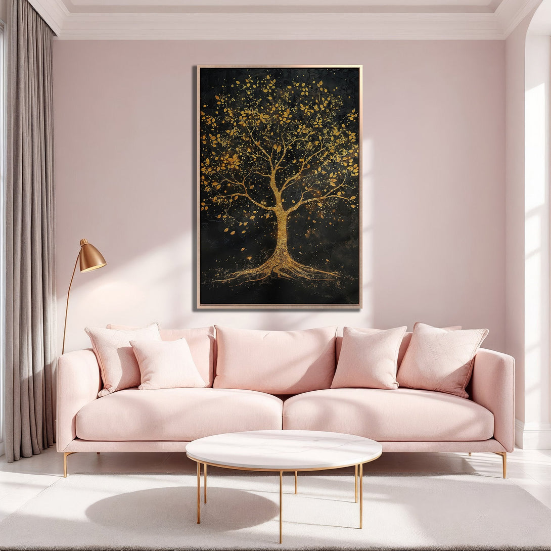 Framed Wall Art: Stunning gold tree art on black canvas. Modern decor in a blush pink living room. Adds elegance and warmth to any space.