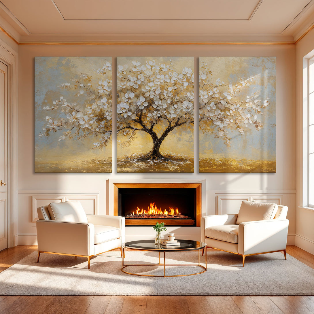 Canvas Print of a blossoming tree in a modern interior. Elegant abstract style with a warm, neutral color palette. Perfect wall art!