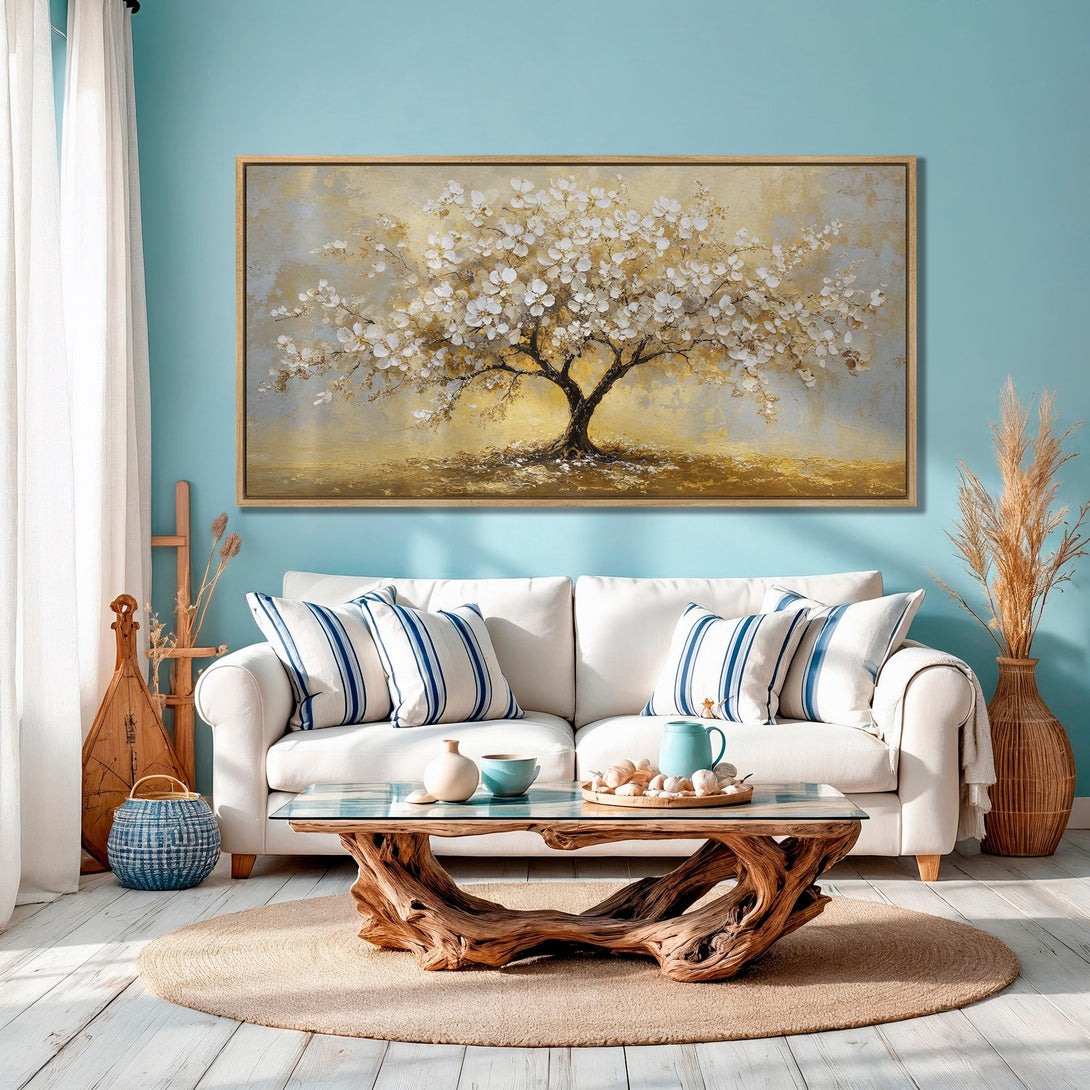 Framed Wall Art featuring a serene tree painting in a gold and white palette. Perfect for adding a touch of elegance to your home decor.