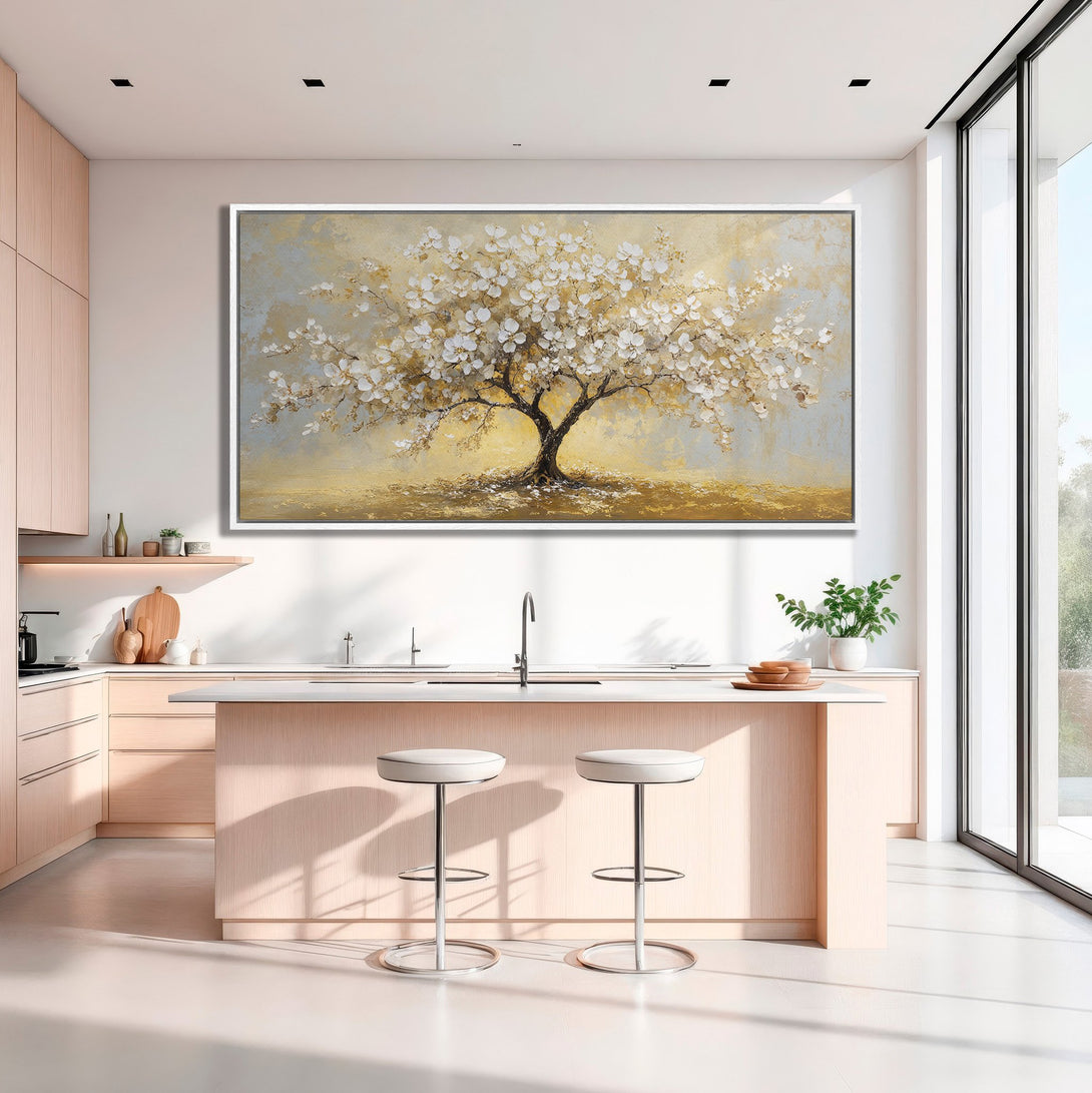 Framed Wall Art of a blossoming tree in a modern kitchen. Warm gold and neutral tones create a calming, elegant atmosphere. Perfect for adding a touch of nature!