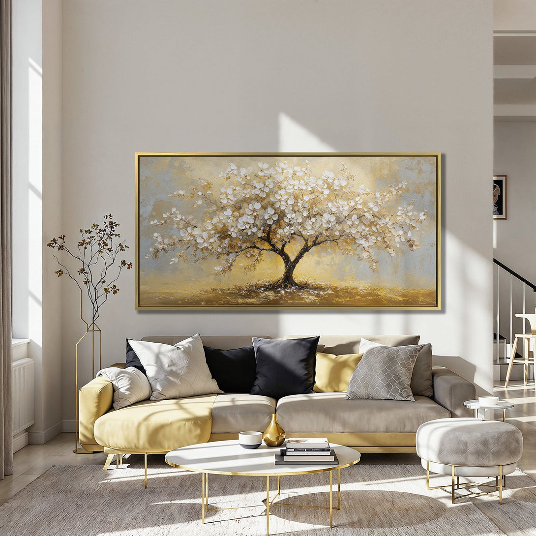 Canvas Print of a blossoming tree in gold and white, adding elegance to any space. Warm color palette and textured style.