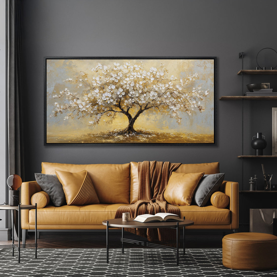 Framed Wall Art: Abstract tree painting in gold and white tones. Elegant home decor with a warm color palette. Shop our Canvas Print collection today!