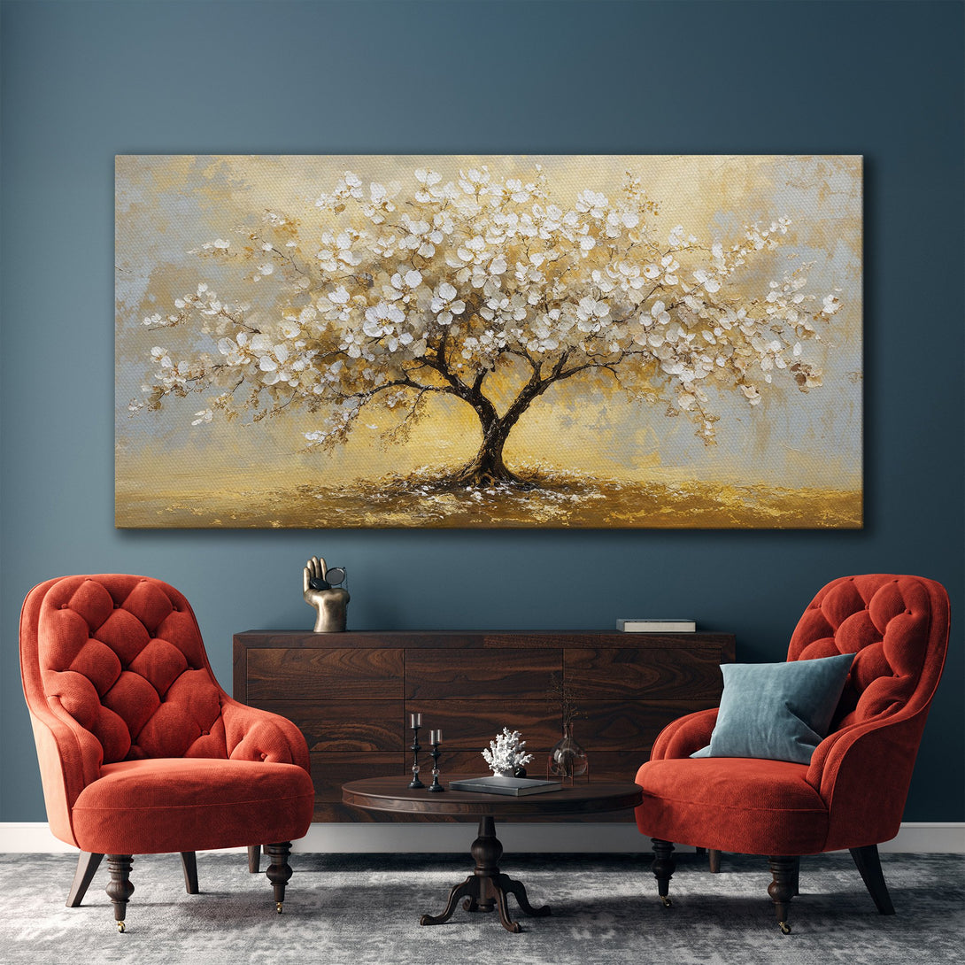 Framed Wall Art of a blossoming tree in a neutral color palette. Enhance your living space with this elegant, abstract Canvas Print.