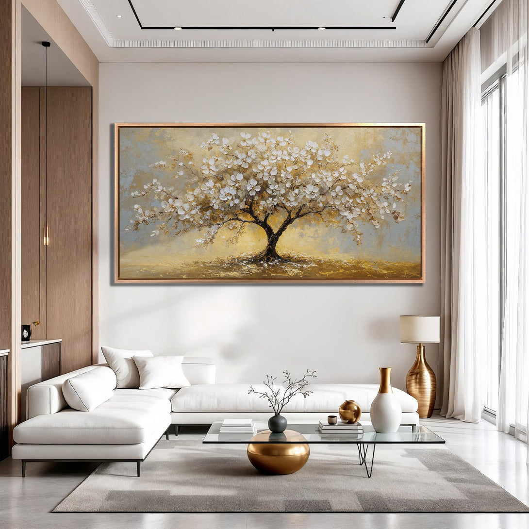 Framed Wall Art of a blossoming tree in a modern living room. Elegant, abstract style with a warm, neutral color palette. Perfect for home decor.