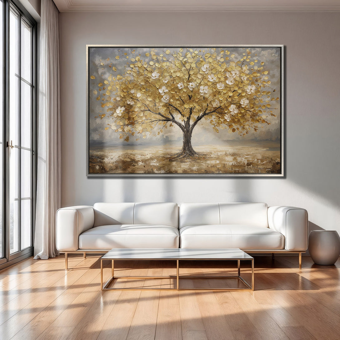 Framed Wall Art featuring a golden tree painting in a modern interior. Warm, neutral color palette creates a calming, elegant atmosphere.