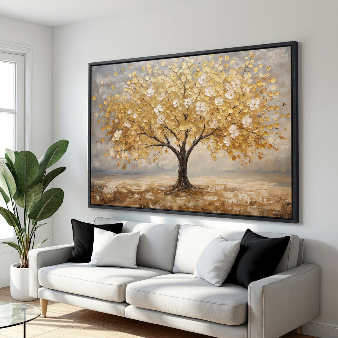 Framed Wall Art: Golden tree painting in a modern living room. Earthy tones and warm gold palette. Elevate your home decor with this stunning canvas print.