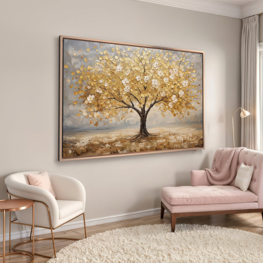 Framed Wall Art of a golden tree painting. Warm neutral color palette, perfect for adding elegance to any living space. Shop now!