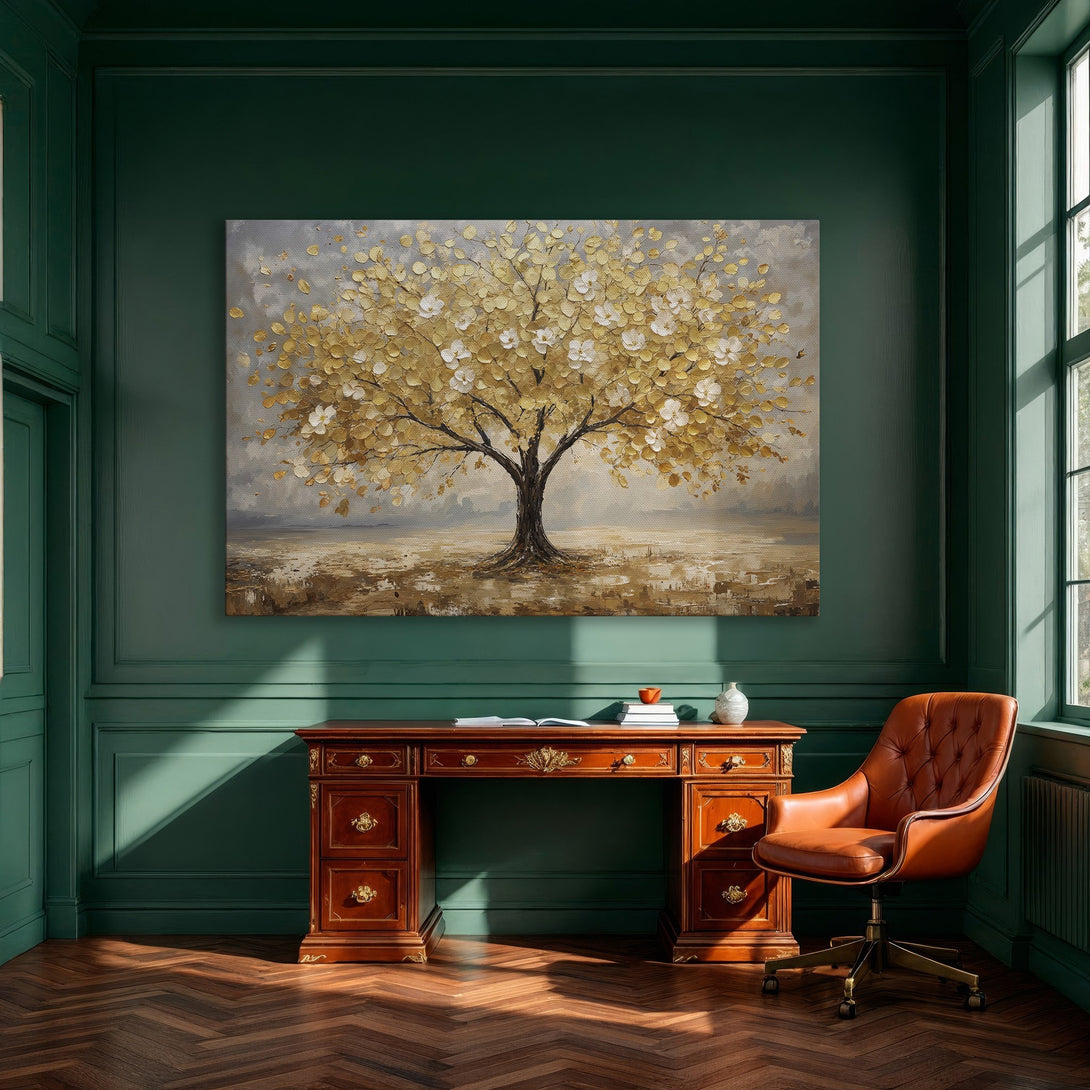 Framed Wall Art: Golden tree painting in a dining room. Elegant artwork in gold, beige, and gray tones. Perfect for adding warmth to your space.