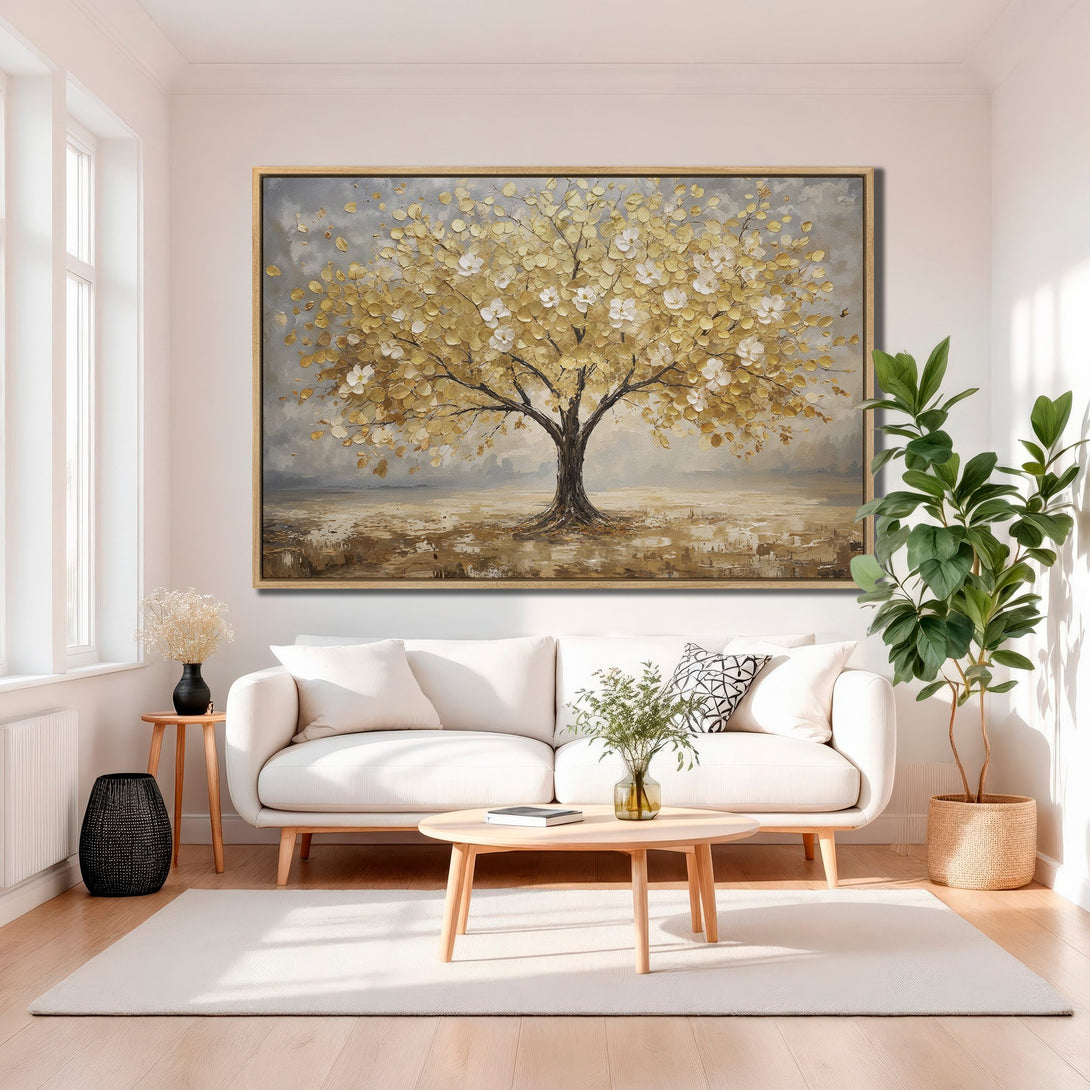 Framed Wall Art: Golden tree painting in a modern living room. Neutral color palette with gold and beige tones, perfect for adding warmth and style.