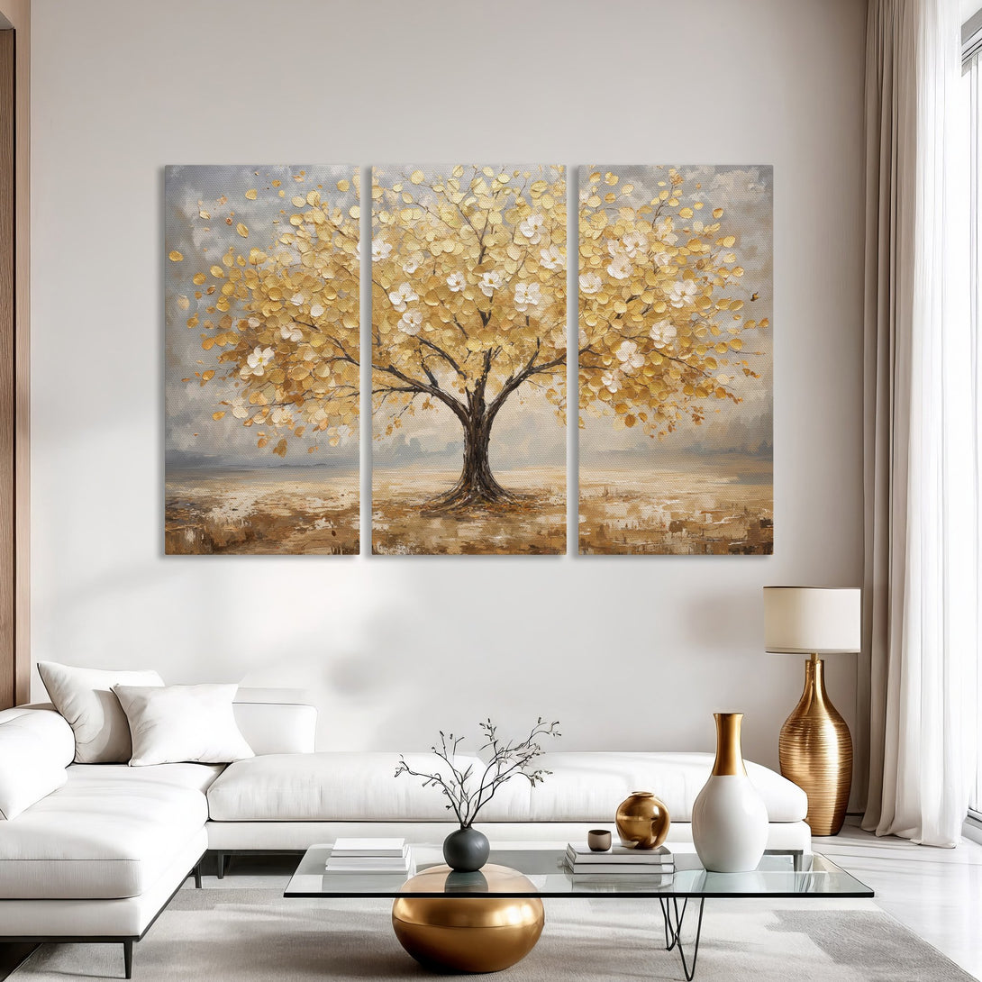 Canvas Print of a golden tree art, perfect for modern decor. Features a warm, neutral color palette and textured, impressionistic style.