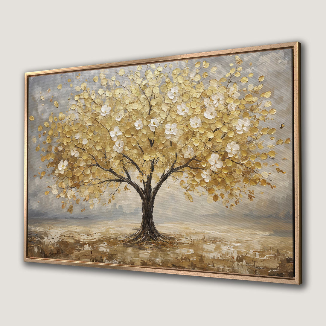 Framed Wall Art: Textured tree painting with gold and white leaves, neutral color palette. Perfect for adding elegance to your home decor.