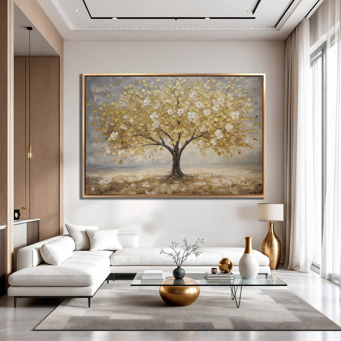 Framed Wall Art: Stunning abstract tree painting in gold and neutral tones. Perfect for modern living room decor. Add elegance with this canvas print!