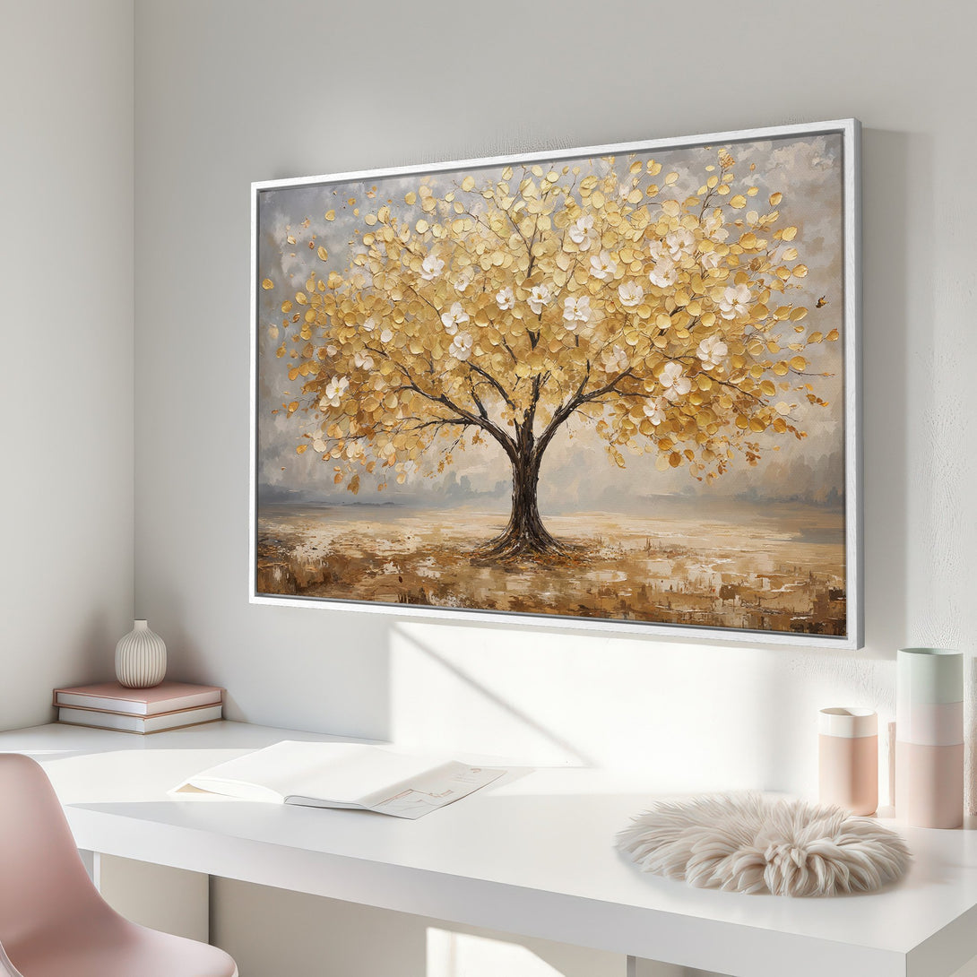 Framed Wall Art: Golden tree painting in a modern style, featuring a warm color palette of gold, brown, and gray. Perfect for home decor.