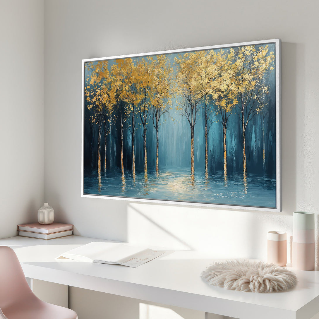 Framed Wall Art featuring a serene forest scene with gold and teal hues. Transform your space with this stunning, modern Canvas Print.