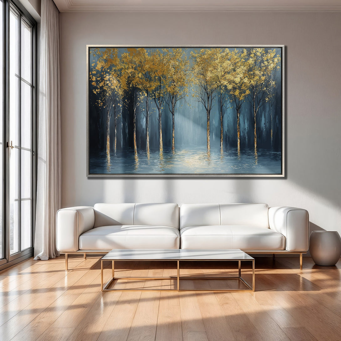 Framed Wall Art: Golden trees in a teal forest. Modern abstract style with gold, teal, and blue color palette. Perfect for living room decor.