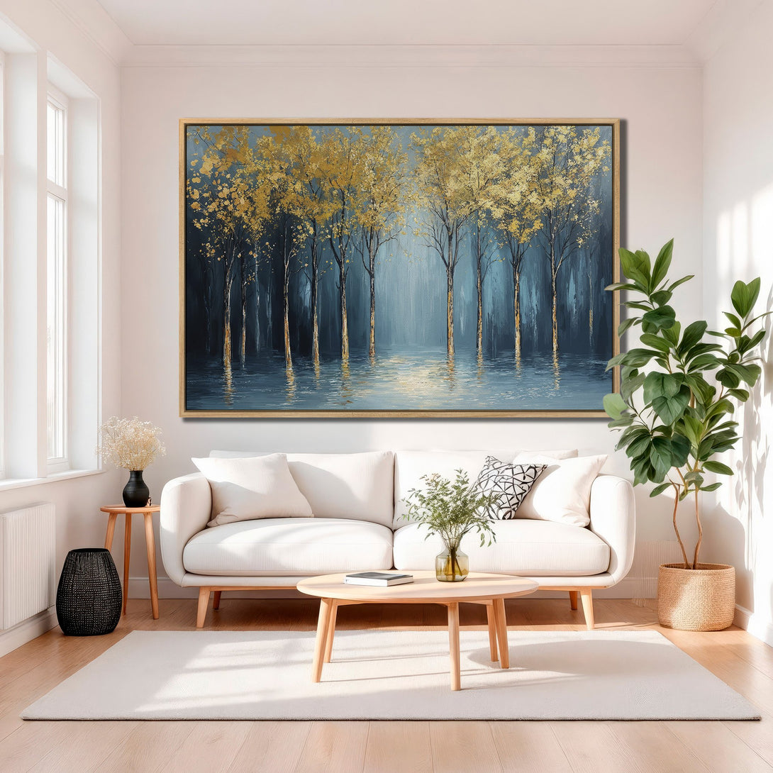 Framed Wall Art: Stunning gold and blue forest landscape canvas print. Modern abstract art with a serene, nature-inspired aesthetic. Elevate your home decor!