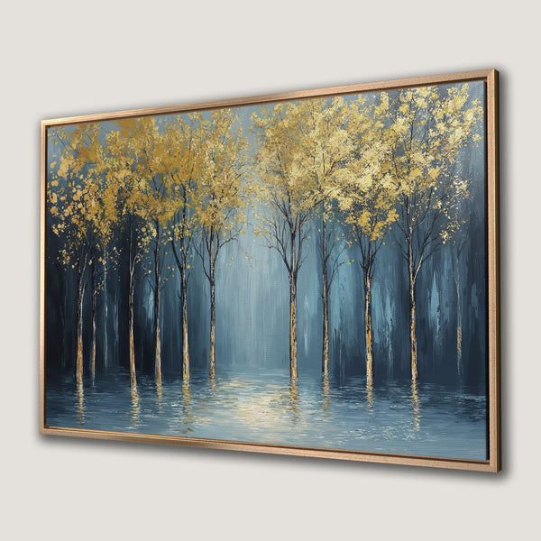 Framed Wall Art: Abstract forest painting with gold and blue tones. Modern canvas print for living room or bedroom decor.