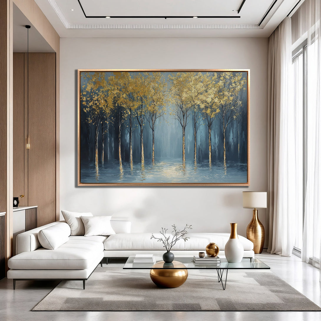 Framed Wall Art: Serene forest scene in blue and gold. Modern abstract style, perfect for adding a touch of nature and sophistication to your space.