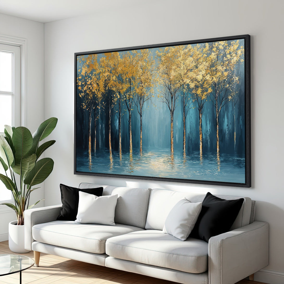 Framed Wall Art of golden trees in a serene blue landscape. Modern, abstract style. Perfect for adding a touch of nature to your decor.