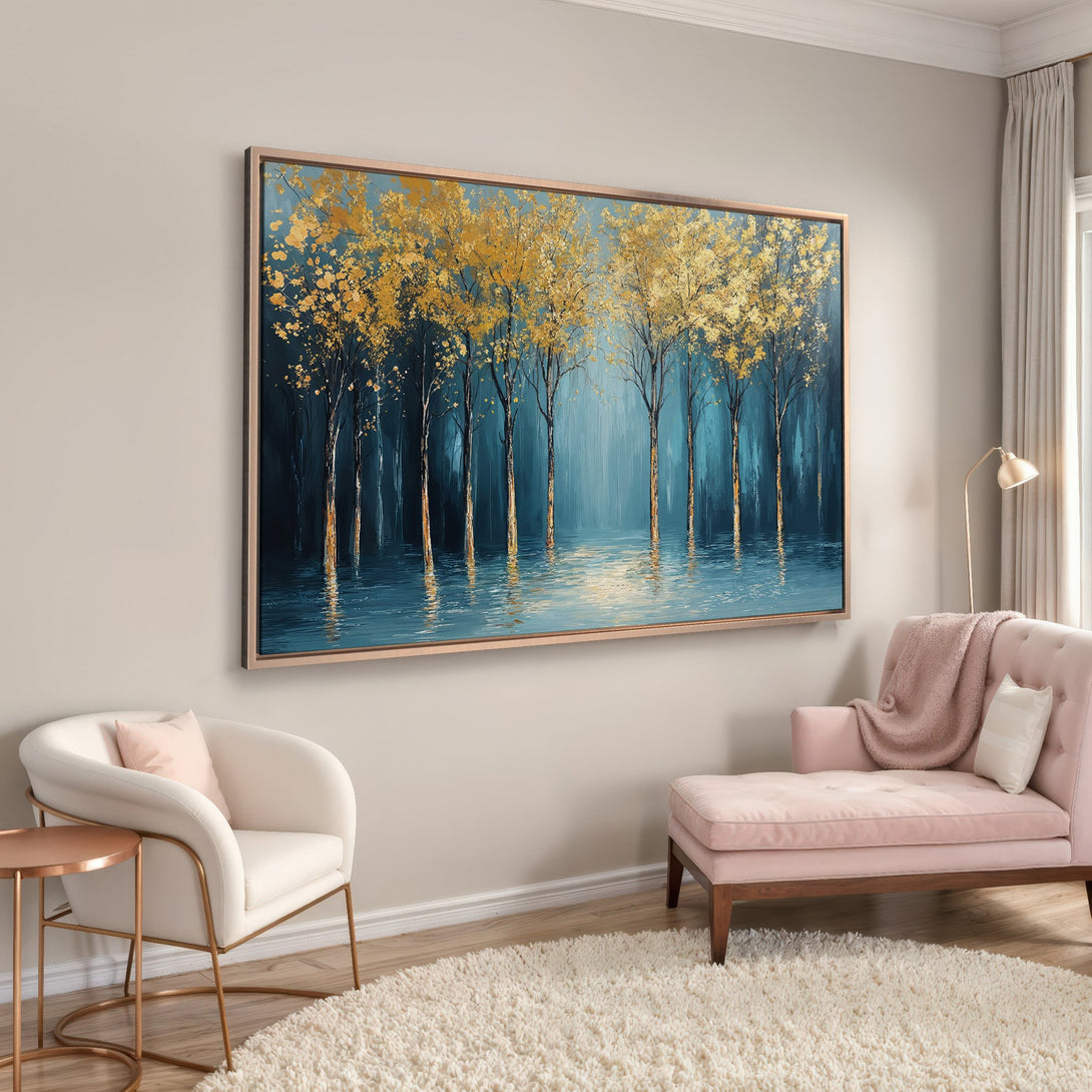 Framed Wall Art: Abstract forest scene in teal and gold. Modern canvas print adds elegance to any interior. Shop now for stunning wall decor!
