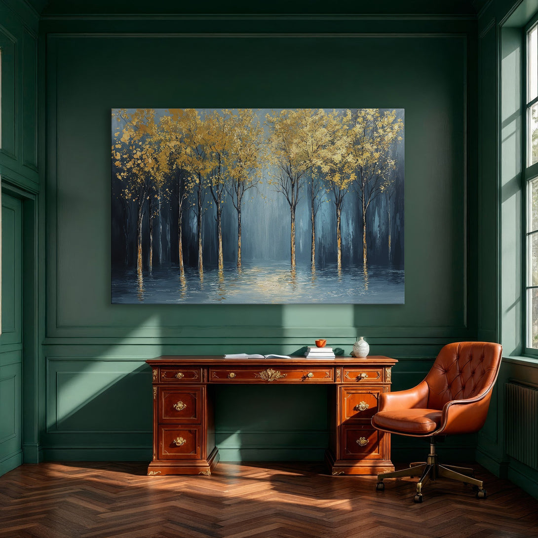 Framed Wall Art: Gold-leaf trees in a teal and gold color palette, perfect for adding a touch of elegance to your dining room.