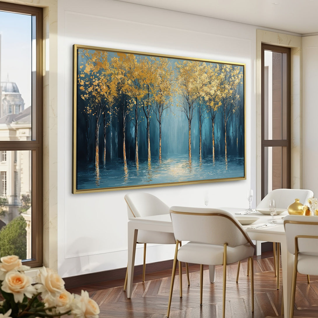 Canvas Print of golden trees reflected in water. Moody, artistic style with a blue and gold color palette. Perfect for home decor.