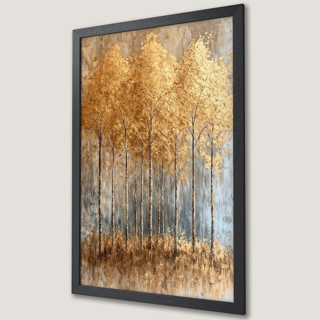 Framed Poster featuring golden trees with a textured style and a warm, neutral color palette. Perfect wall decor.