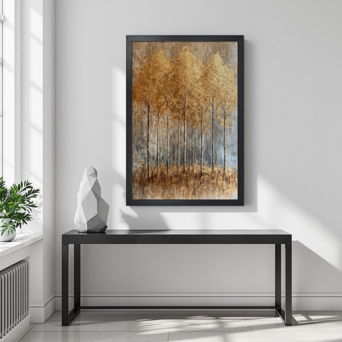 Framed Poster of golden trees in a modern style. Warm, earthy color palette for a touch of nature. Perfect wall art for your home.
