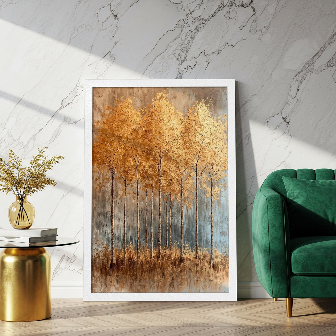 Framed Poster featuring an abstract painting of golden trees. Earthy tones with a touch of blue for a modern, stylish decor.