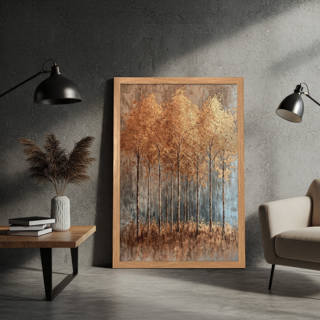 Framed Poster featuring abstract trees in warm gold and brown tones, perfect for modern home decor.