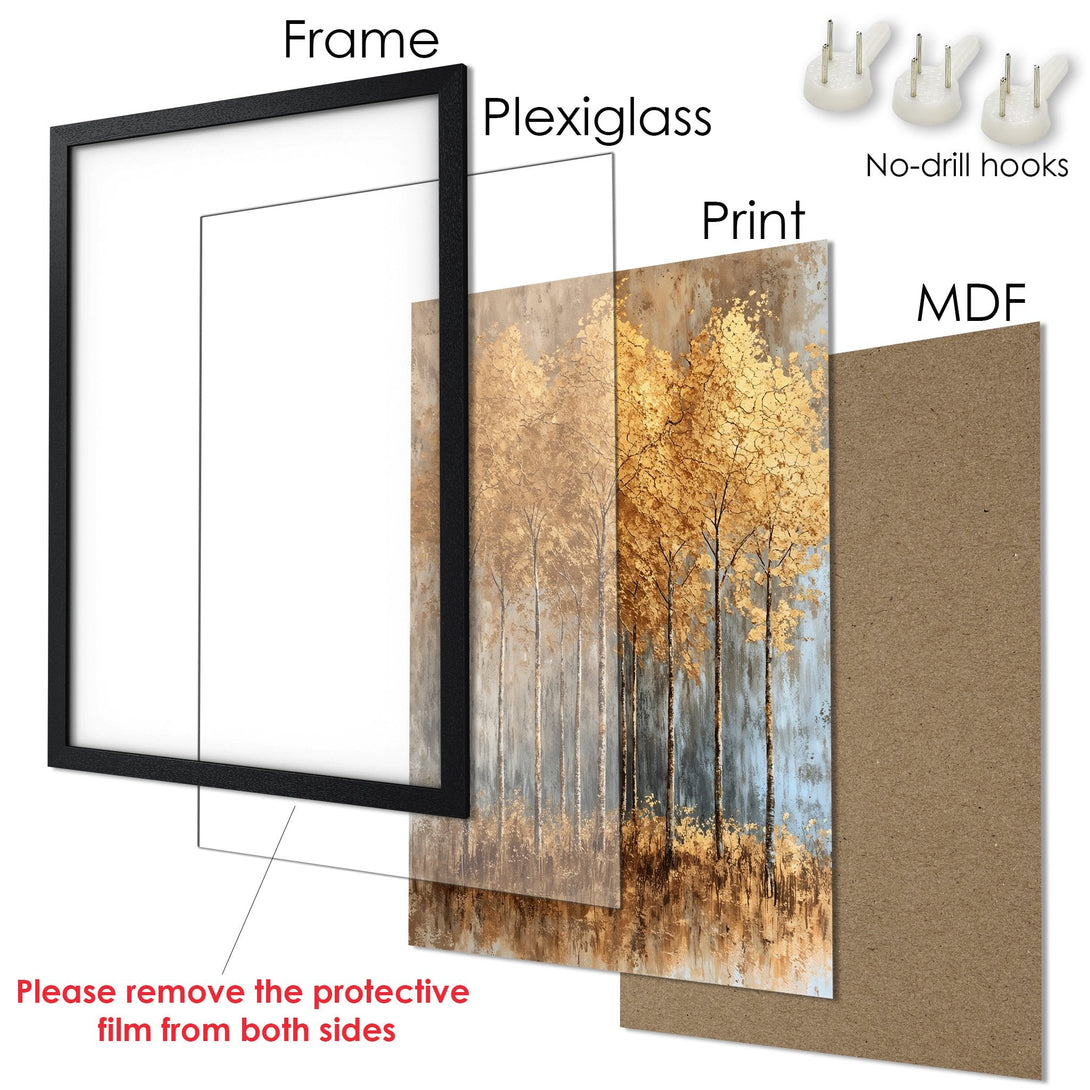 Framed Poster featuring gold trees in an abstract style with a neutral and warm color palette, perfect wall art.