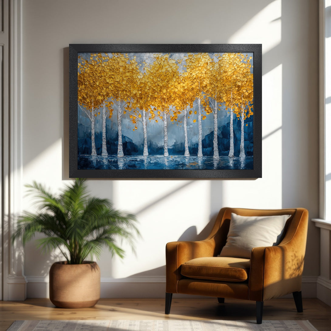 Framed Poster featuring golden trees in a textured style. Beautiful artwork with a blue and gold color palette, perfect for any room.