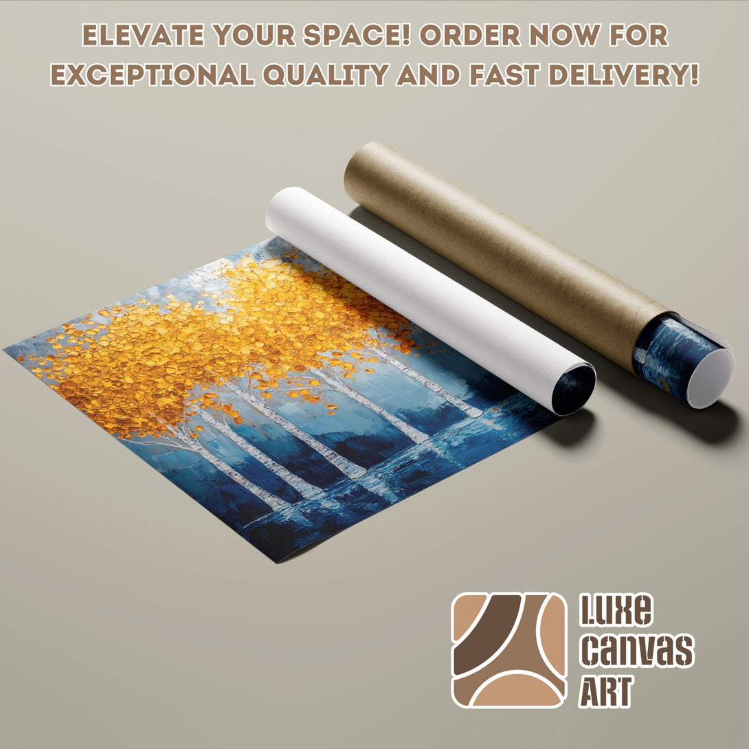 Poster Roll featuring an abstract tree painting in blue and gold. Perfect wall art!