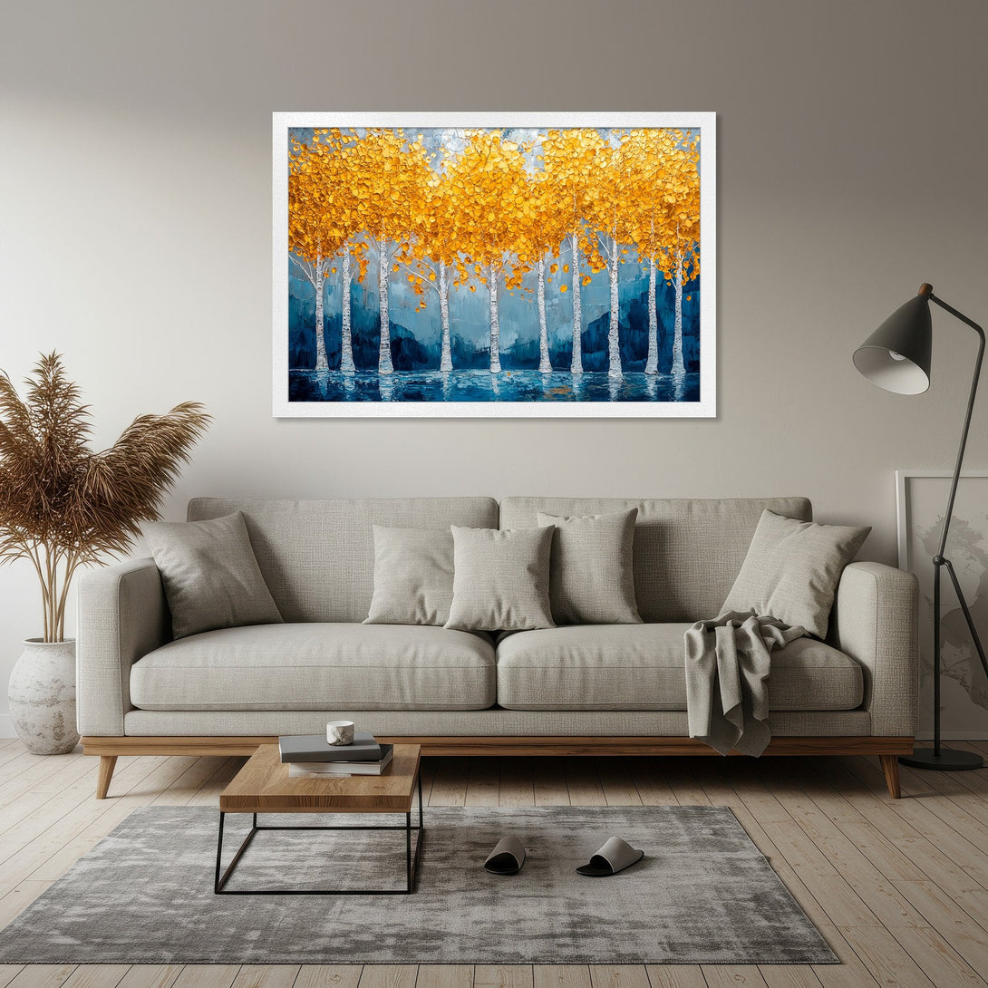Framed Poster of golden trees in an impressionistic style. Blue and gold color palette. Perfect for living room decor.