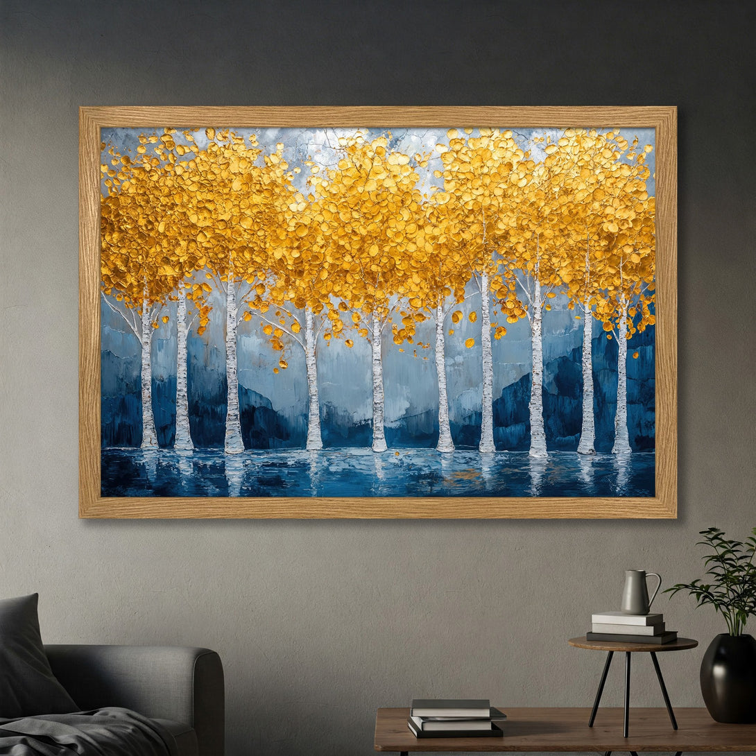 Framed Poster of golden trees in a textured, impressionistic style. Blue and gold color palette, perfect for modern decor. Buy this Poster today!