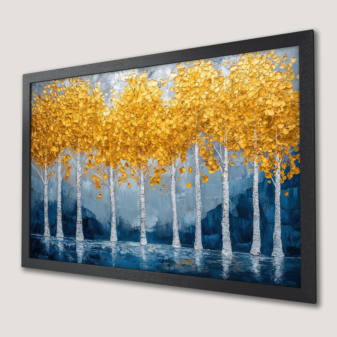 Framed Poster: Golden trees art print in blue and yellow palette. Stunning wall decor for your home.