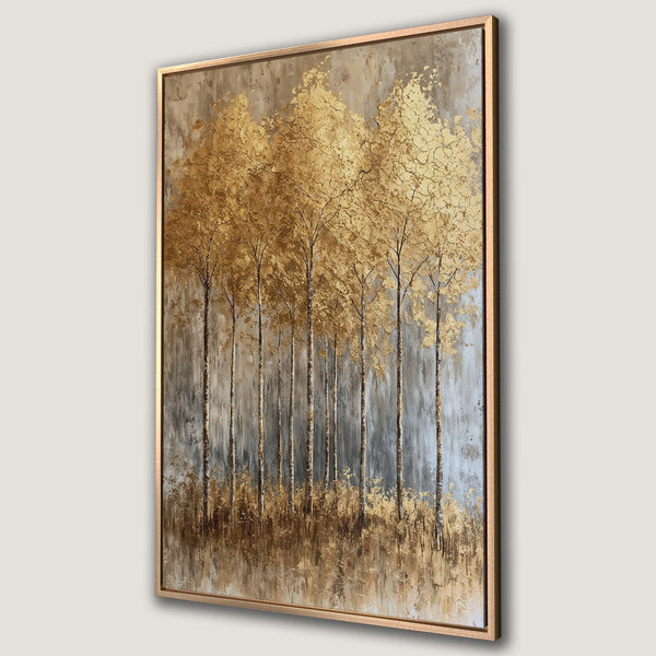 Framed Wall Art featuring a golden forest scene. Textured abstract painting with gold, brown, and gray tones. Perfect for adding elegance to any room.