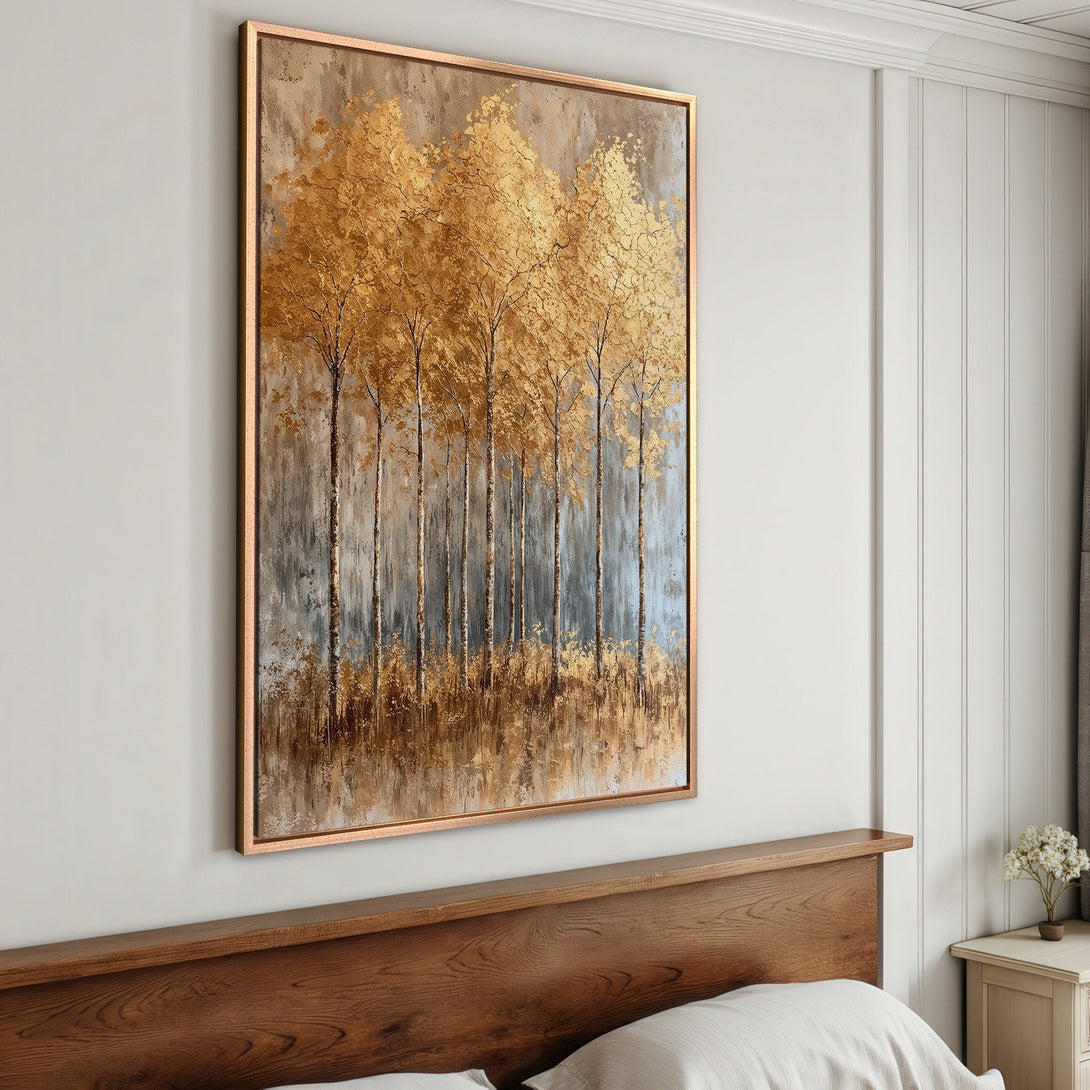 Framed Wall Art: Golden trees abstract painting in a neutral color palette. Perfect for bedroom decor, adding a touch of elegance and warmth to your space.