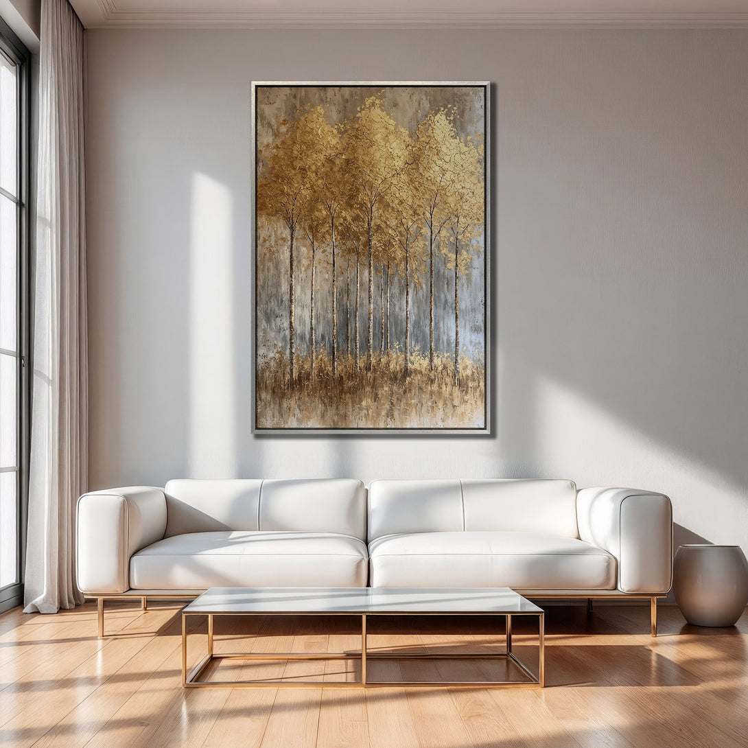 Framed Wall Art: Abstract golden trees canvas print in a modern living room. Neutral palette with gold accents. Elevate your space today!