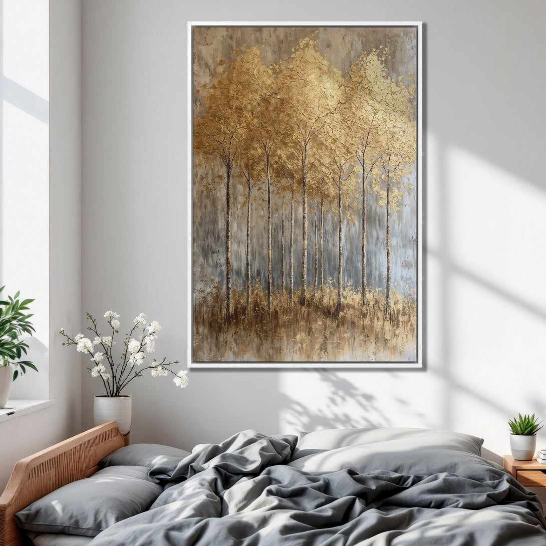 Framed Wall Art featuring golden trees in a neutral palette. Modern abstract art canvas print perfect for bedroom decor.