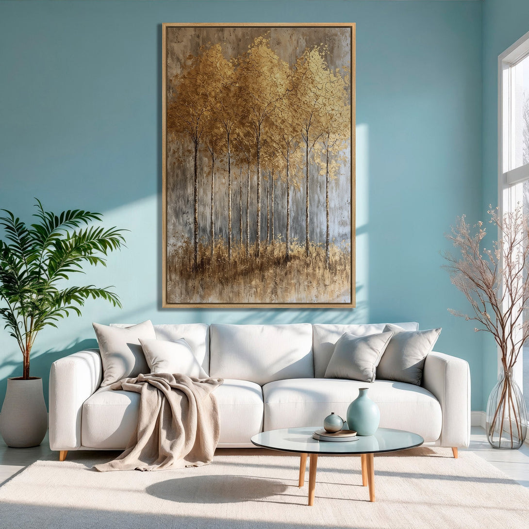Framed Wall Art: Abstract gold trees on canvas, a beautiful addition to any home decor. Earthy tones with a touch of elegance.