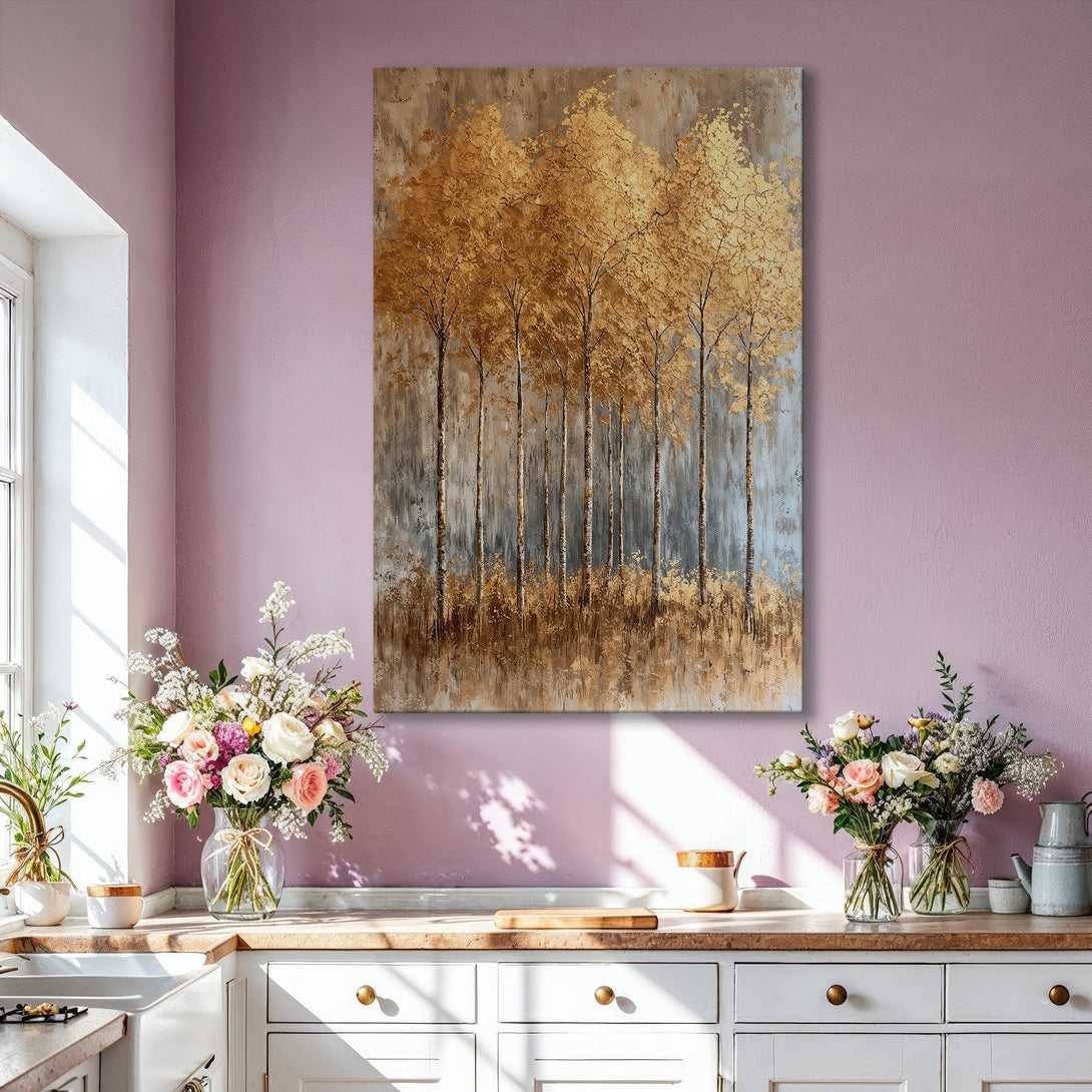 Framed Wall Art: Stunning gold leaf tree painting in a modern living room. Warm, neutral color palette creates a luxurious and inviting atmosphere.