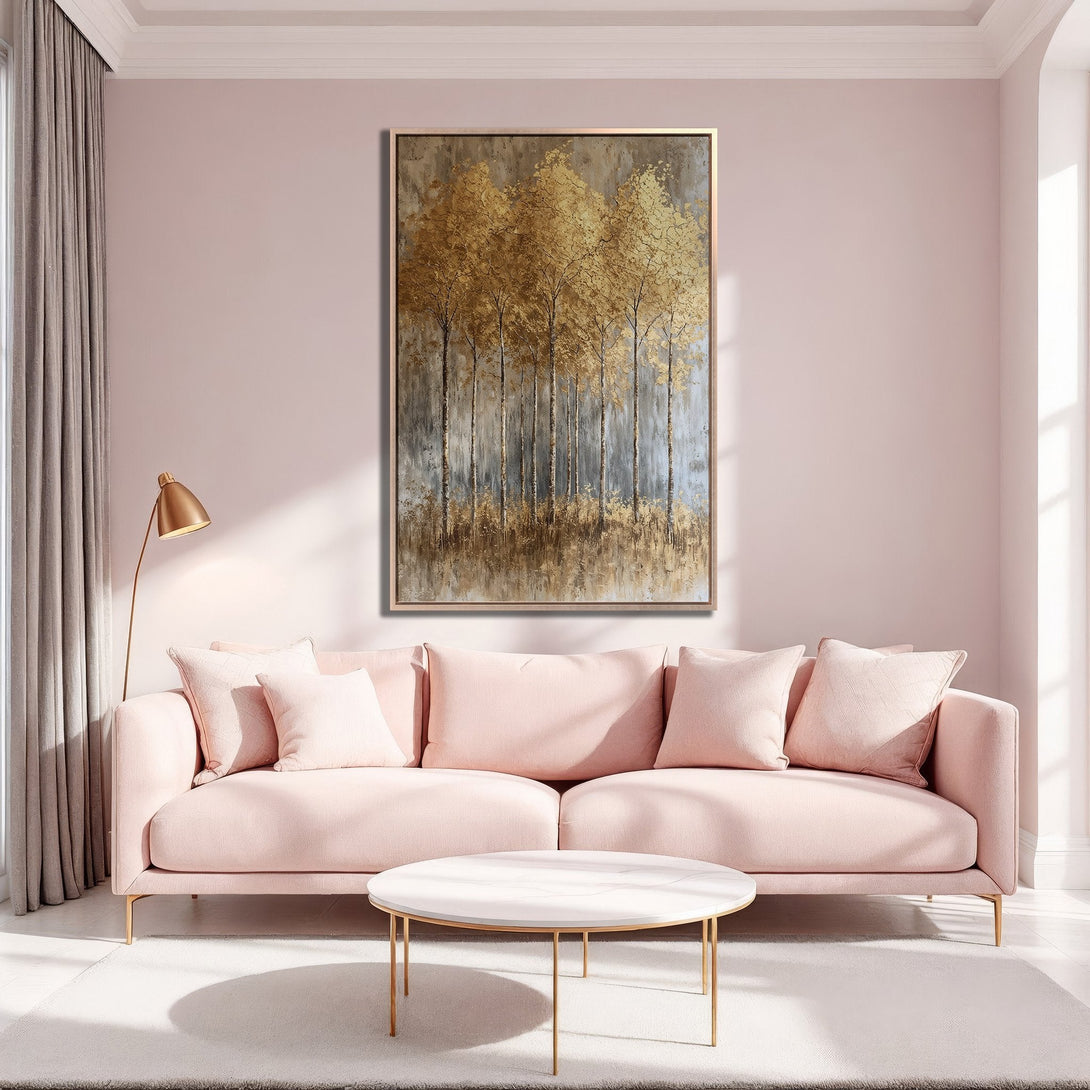Framed Wall Art: Gold leaf trees in a modern, abstract style. Soft pink and gold color palette creates a luxurious and calming atmosphere.