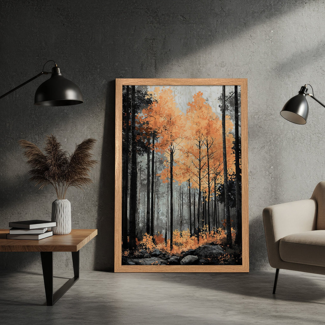 Framed Poster featuring an abstract forest scene in orange, black, and gray. Modern art print perfect for home decor.