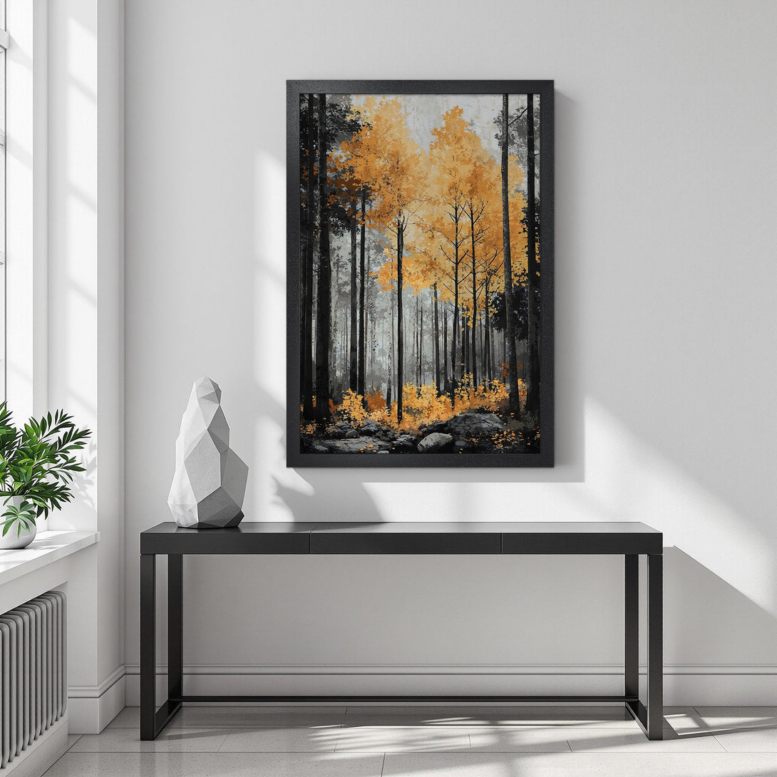 Framed Poster featuring an autumn forest scene. Stylish art with a neutral gray and gold color palette. Elevate your space with this stunning Poster.