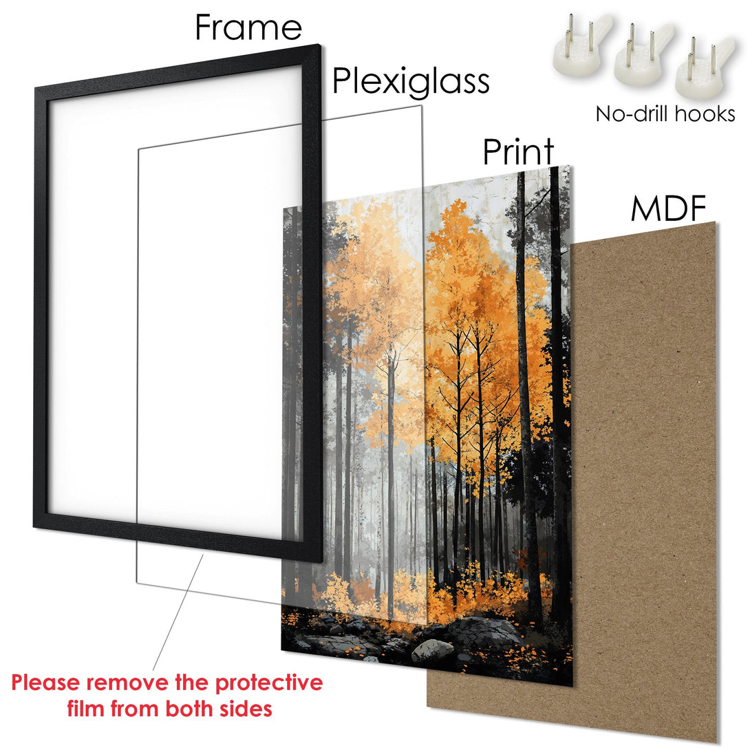Framed Poster of Autumn Forest with Orange & Gray Palette. Modern art print ready to hang. Decorate your home today!
