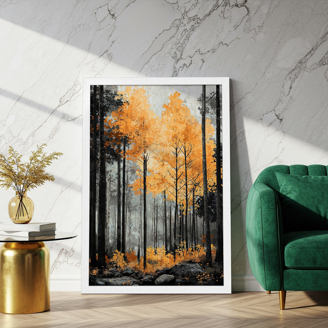 Framed Poster of a forest scene with orange and black trees. Modern art style, warm color palette. Perfect wall decor.