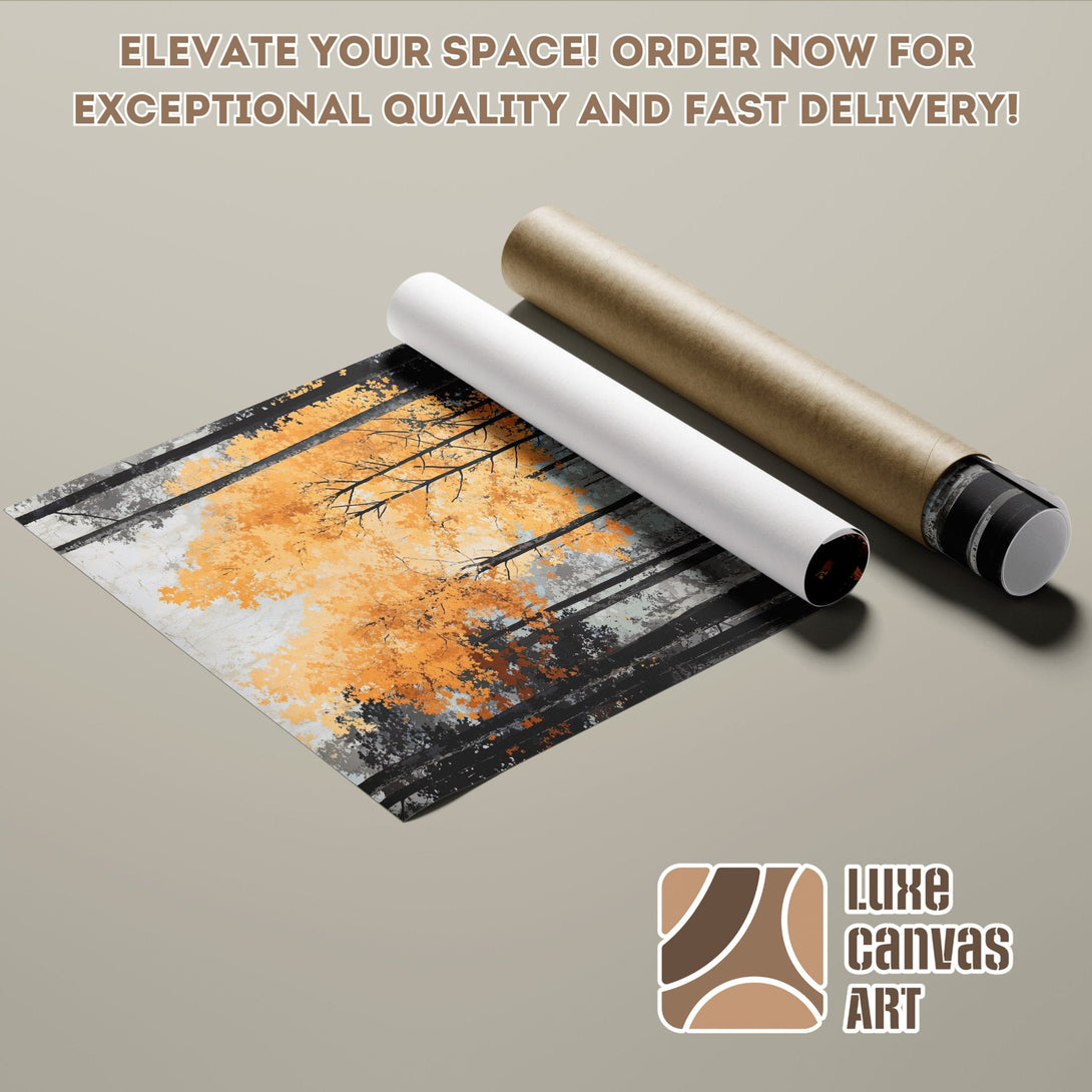 Autumn forest art poster roll, featuring orange, gray, and black colors. Elevate your space with this stunning poster!