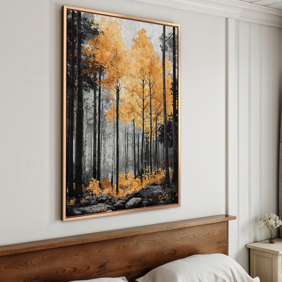 Framed Wall Art: Abstract forest scene in gold, black, and gray. Modern canvas print adds a touch of nature to any room. Shop now!